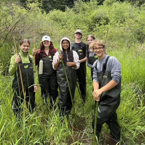 Group of Youth Watershed Council members standing alongside a beaver pond.
